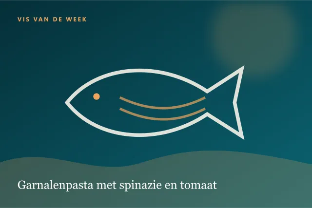 Donkere digitale serveersuggestie bij Garnalenpasta met spinazie en tomaat.