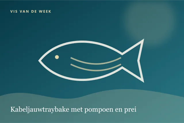 Donkere digitale serveersuggestie bij Kabeljauwtraybake met pompoen en prei.