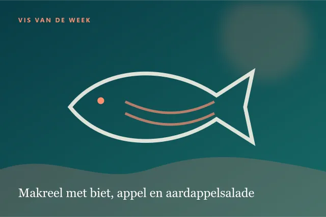 Donkere digitale serveersuggestie bij Makreel met biet, appel en aardappelsalade.
