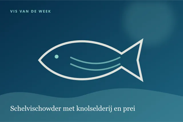 Donkere digitale serveersuggestie bij Schelvischowder met knolselderij en prei.