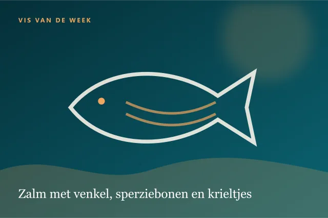 Donkere digitale serveersuggestie bij Zalm met venkel, sperziebonen en krieltjes.