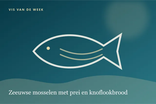Donkere digitale serveersuggestie bij Zeeuwse mosselen met prei en knoflookbrood.